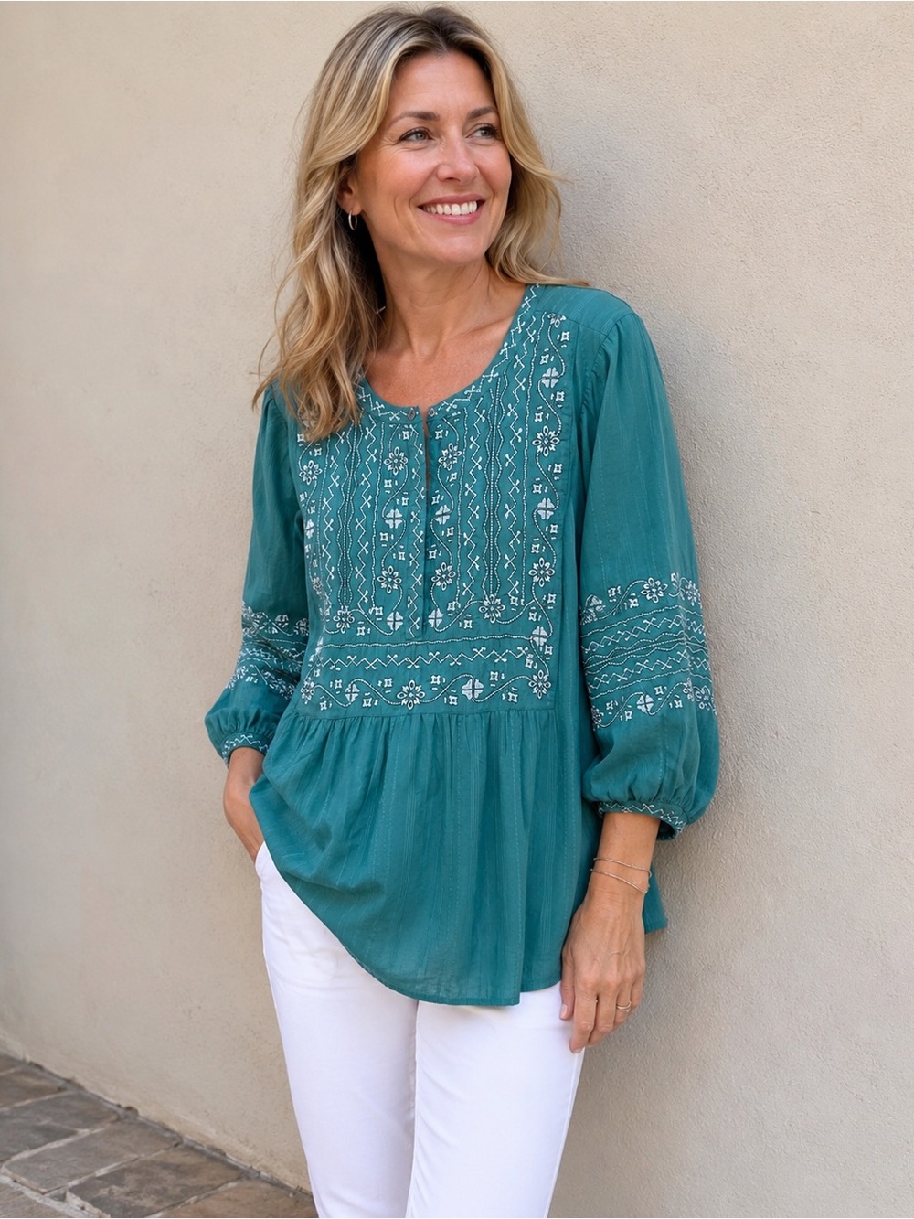 pureJill  Embroidered Cotton Doby Tunic Top in Bottle Green SZ XL